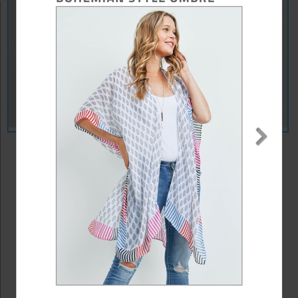 White and grey kimono with multi color stripes